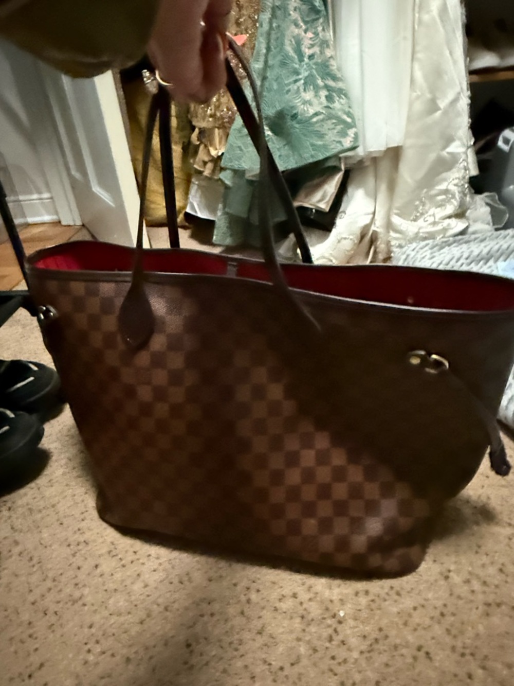 Checkerboard Tote Bag in Brown with Red Interior - Picture 3 of 6